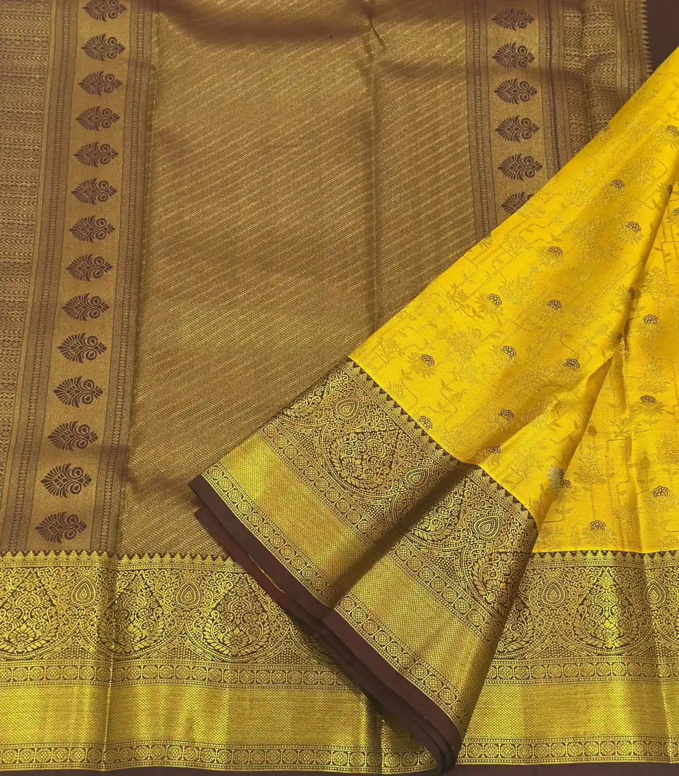 Olive Yellow Kanchipuram Handloom Bridal Silk Saree